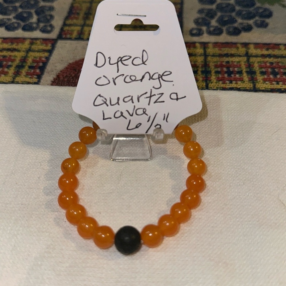 Hand Crafted Dyed Orange Quartz and Lava Stretch Bracelet